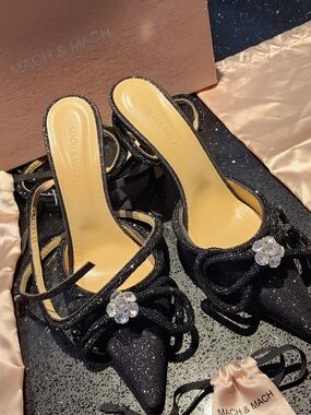 MACH & MACH Black Crystal-Embellished Pointed Toe Mules SIZE 40 ( NEW WITH BOX)